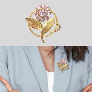 Pink Rhinestone Flower Brooch, Gold Tone Vintage Unsigned Leaves